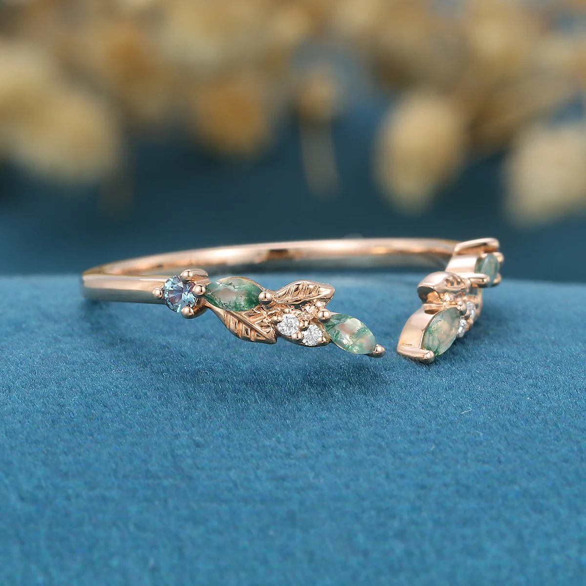 Moss Agate Curved Wedding Band Matching Engagement ring - Image 4