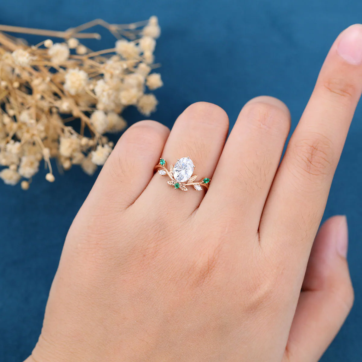 Nature Inspired Oval cut Moissanite Leaf  Engagement Ring - Image 2