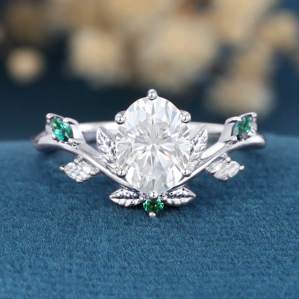 Nature Inspired Oval cut Moissanite Leaf  Engagement Ring - Image 8