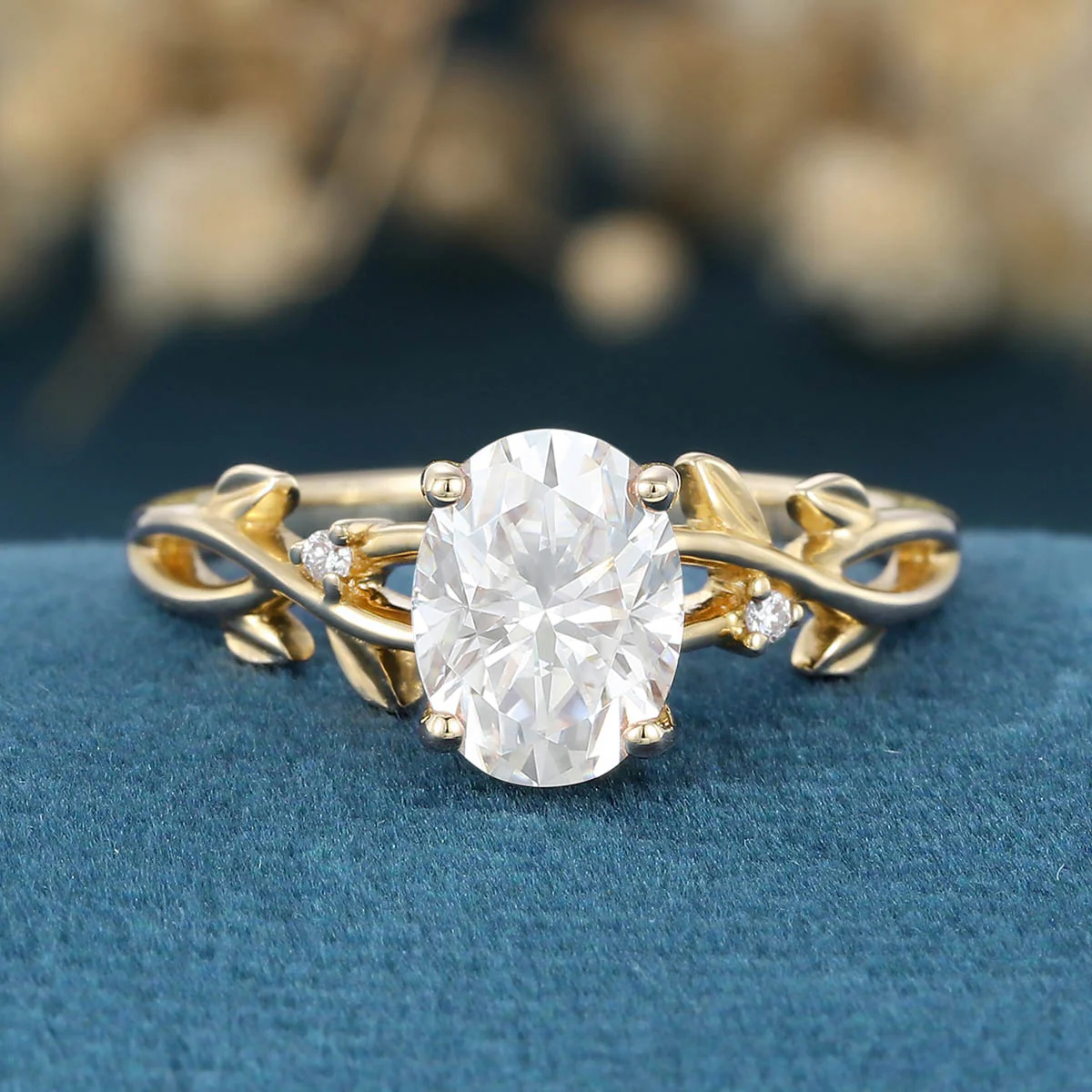 Nature Inspired Oval cut Moissanite Leaf Gold Engagement Ring - Image 10