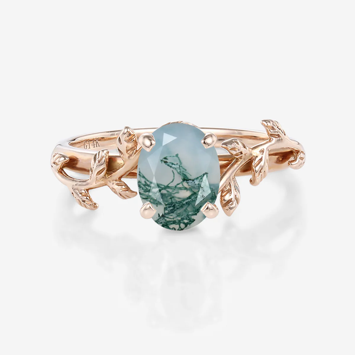Nature Inspired Oval cut Moss Agate Leaf Gold Engagement Ring