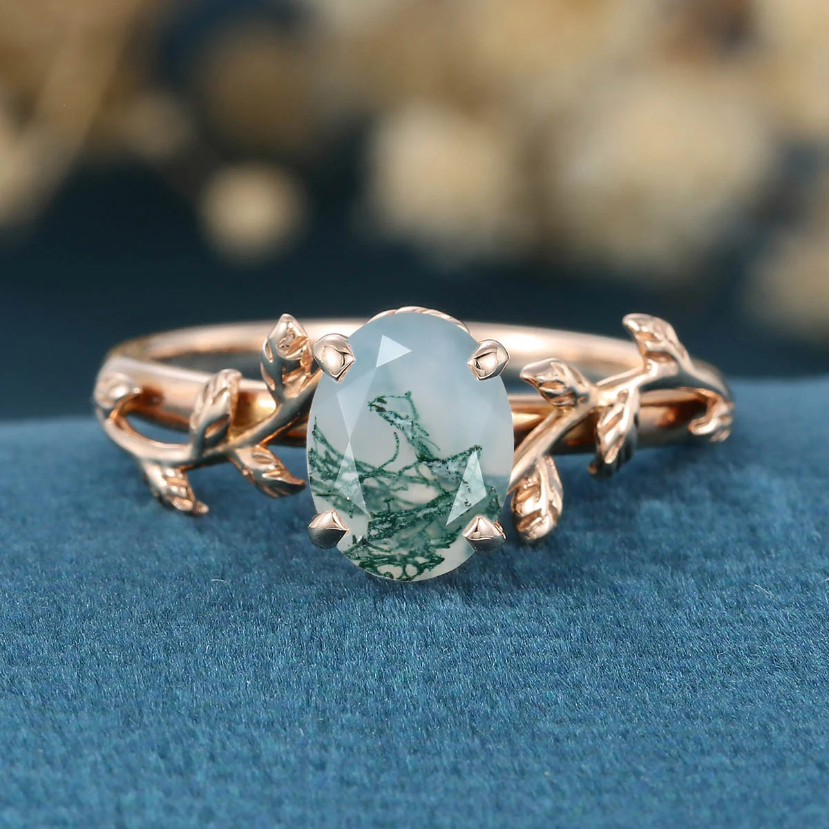 Nature Inspired Oval cut Moss Agate Leaf Gold Engagement Ring - Image 2