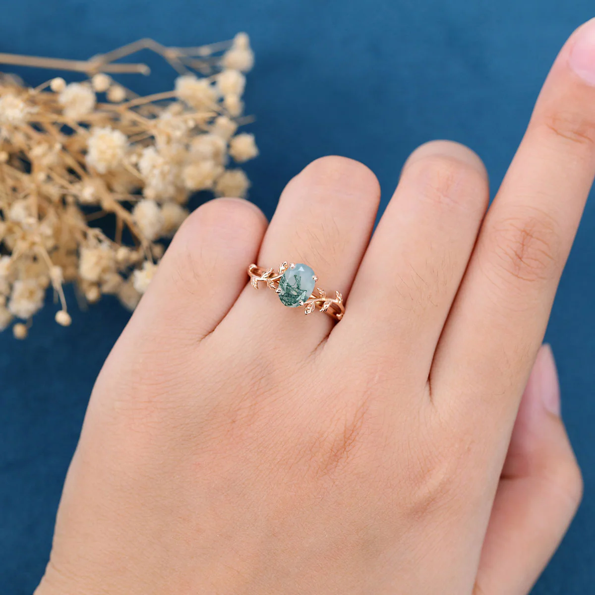 Nature Inspired Oval cut Moss Agate Leaf Gold Engagement Ring - Image 3