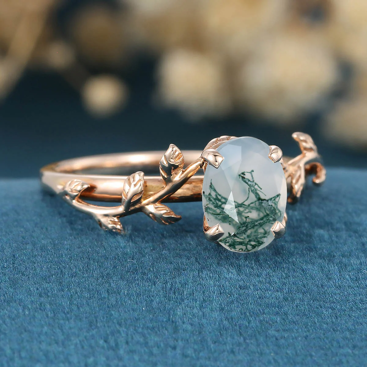 Nature Inspired Oval cut Moss Agate Leaf Gold Engagement Ring - Image 4