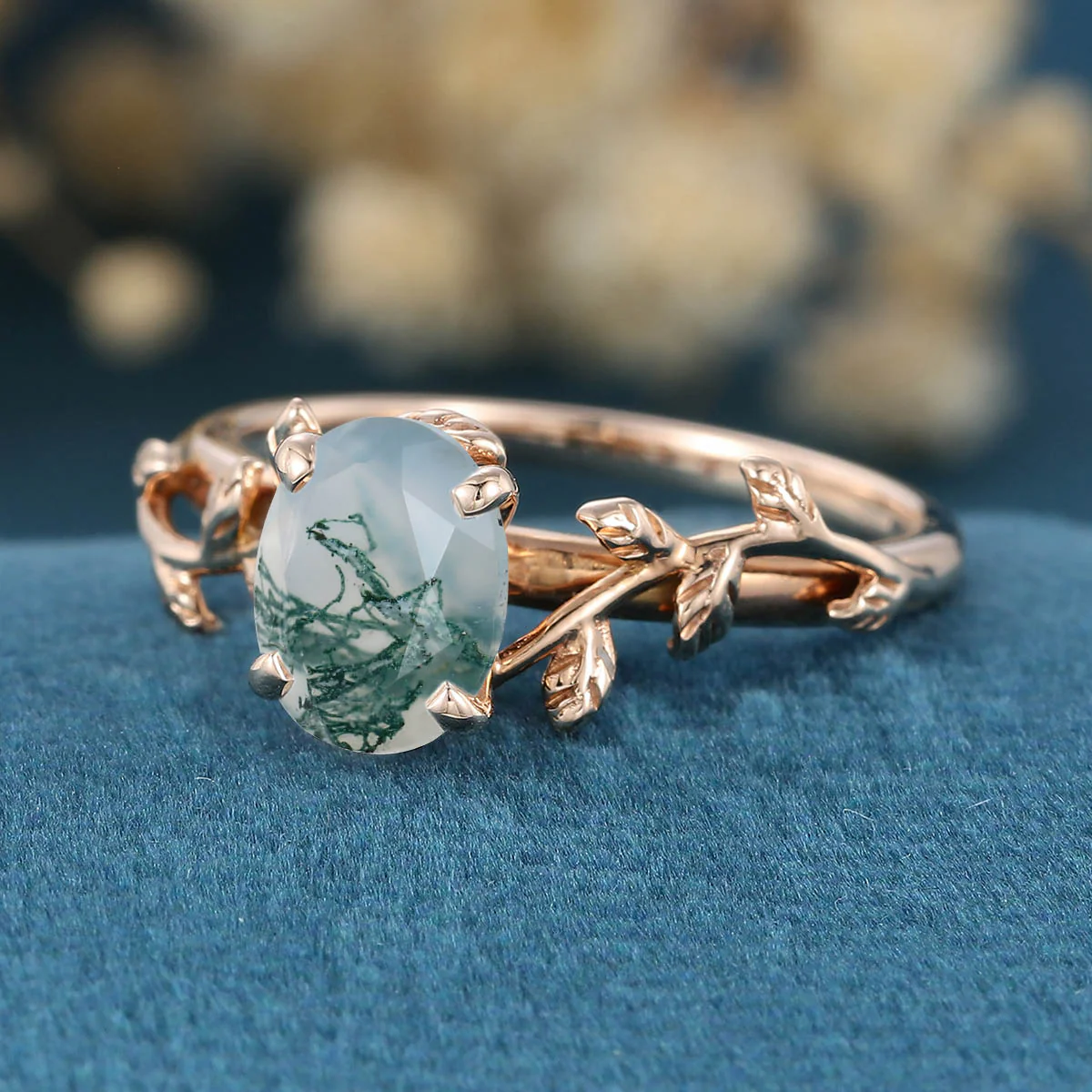 Nature Inspired Oval cut Moss Agate Leaf Gold Engagement Ring - Image 5
