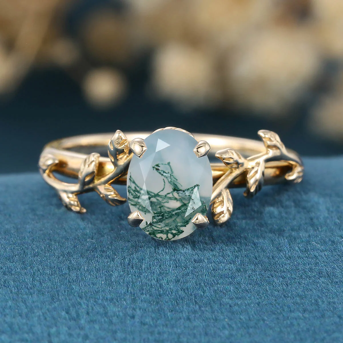 Nature Inspired Oval cut Moss Agate Leaf Gold Engagement Ring - Image 6