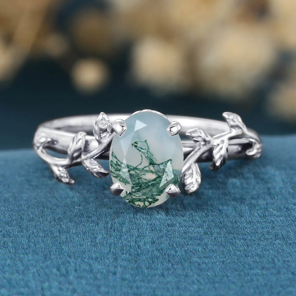 Nature Inspired Oval cut Moss Agate Leaf Gold Engagement Ring - Image 7