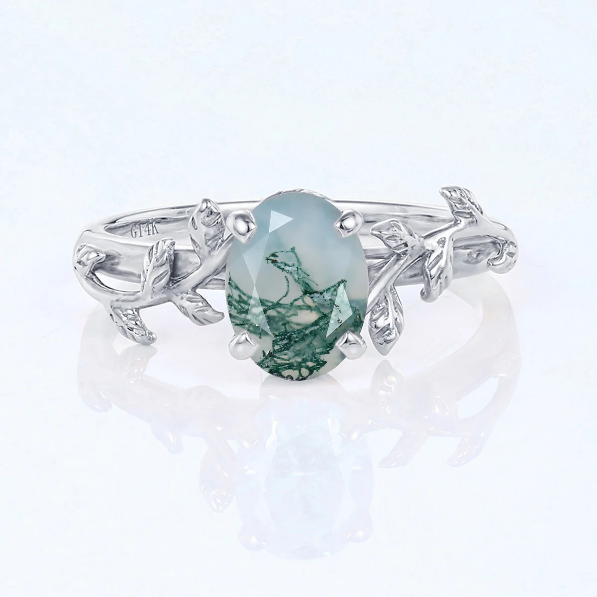 Nature Inspired Oval cut Moss Agate Leaf Gold Engagement Ring - Image 8