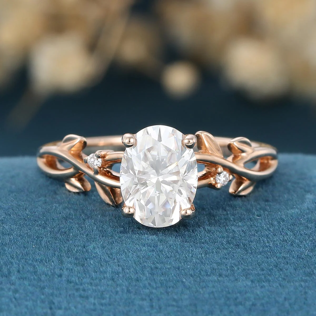 Nature Inspired Oval cut Moissanite Leaf Gold Engagement Ring - Image 3