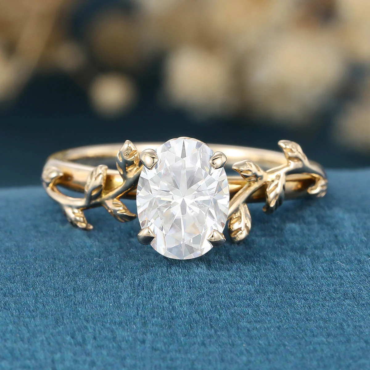Nature Inspired Oval cut Moissanite Leaf Gold Engagement Ring - Image 10