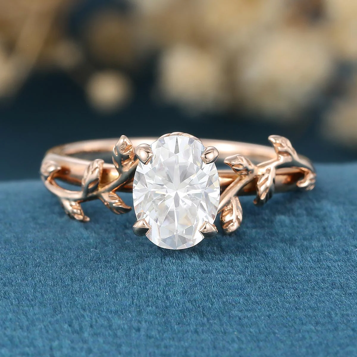 Nature Inspired Oval cut Moissanite Leaf Gold Engagement Ring - Image 3