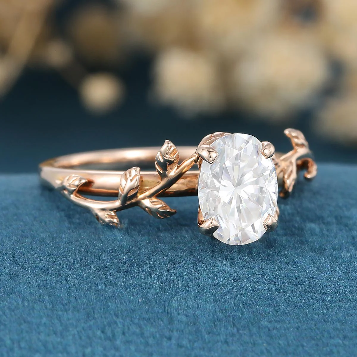 Nature Inspired Oval cut Moissanite Leaf Gold Engagement Ring - Image 4