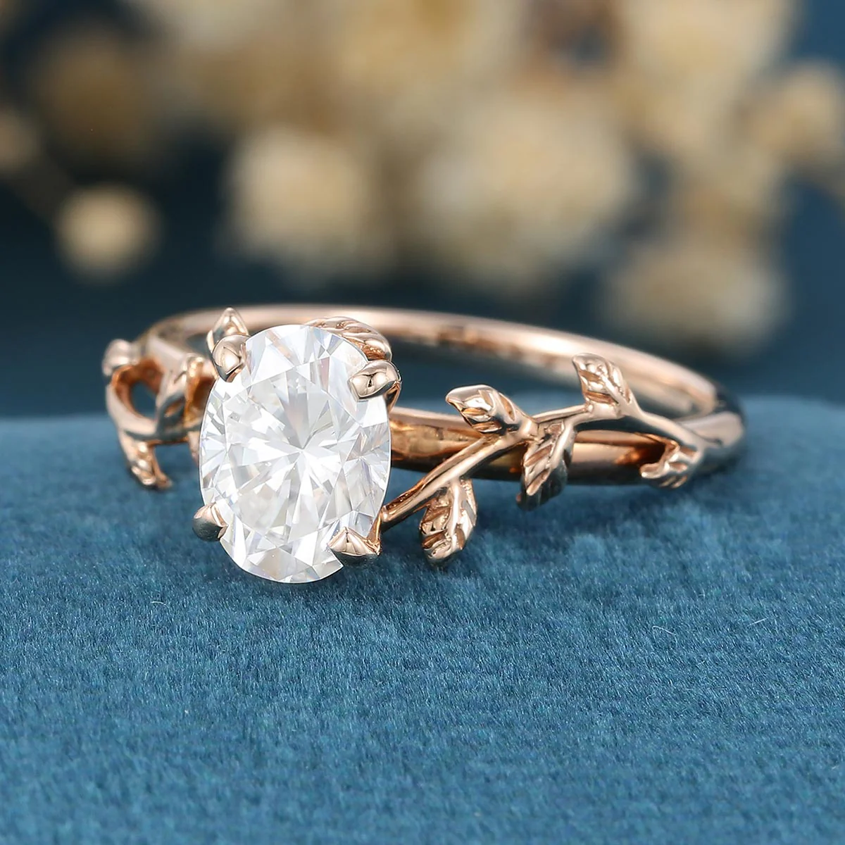 Nature Inspired Oval cut Moissanite Leaf Gold Engagement Ring - Image 5