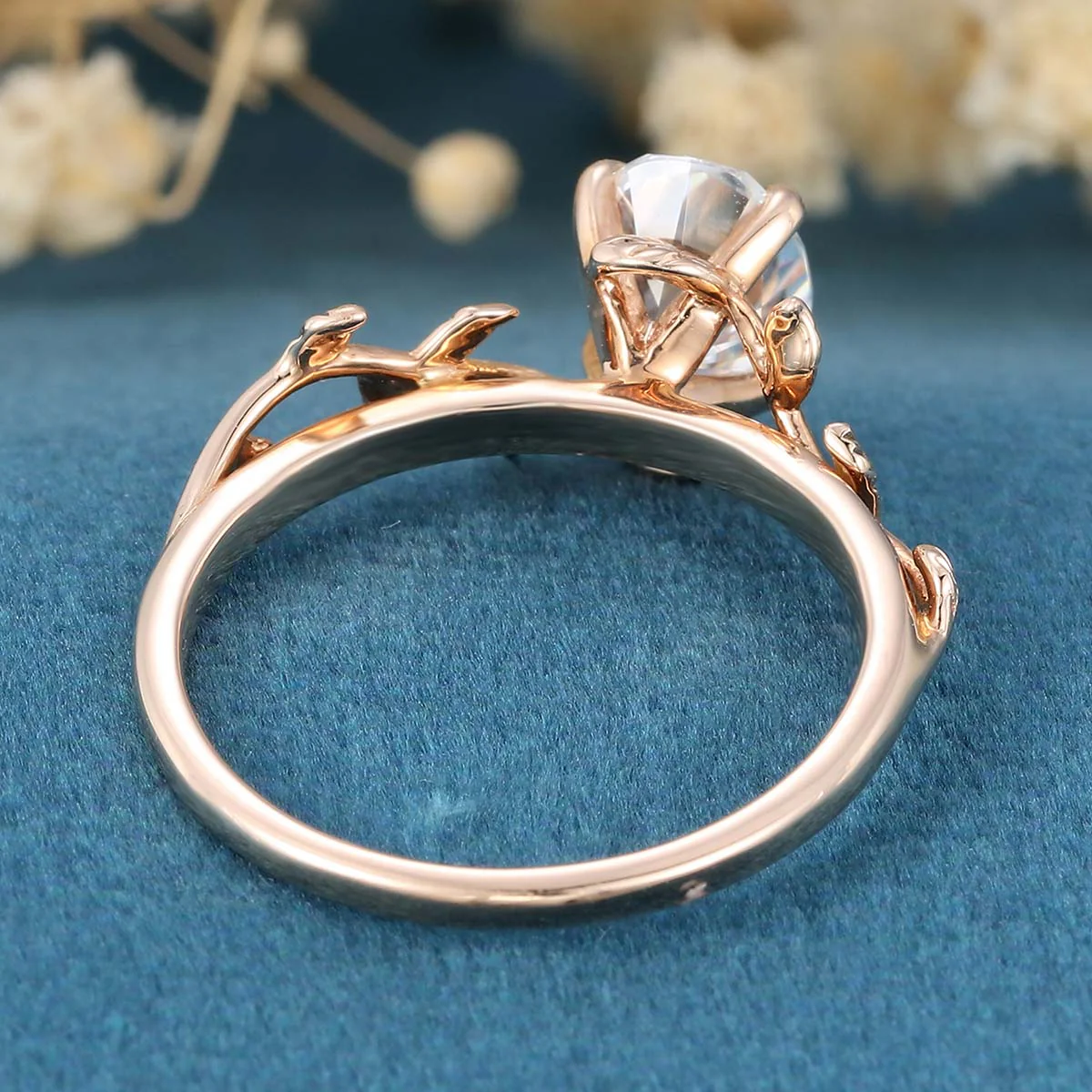 Nature Inspired Oval cut Moissanite Leaf Gold Engagement Ring - Image 6
