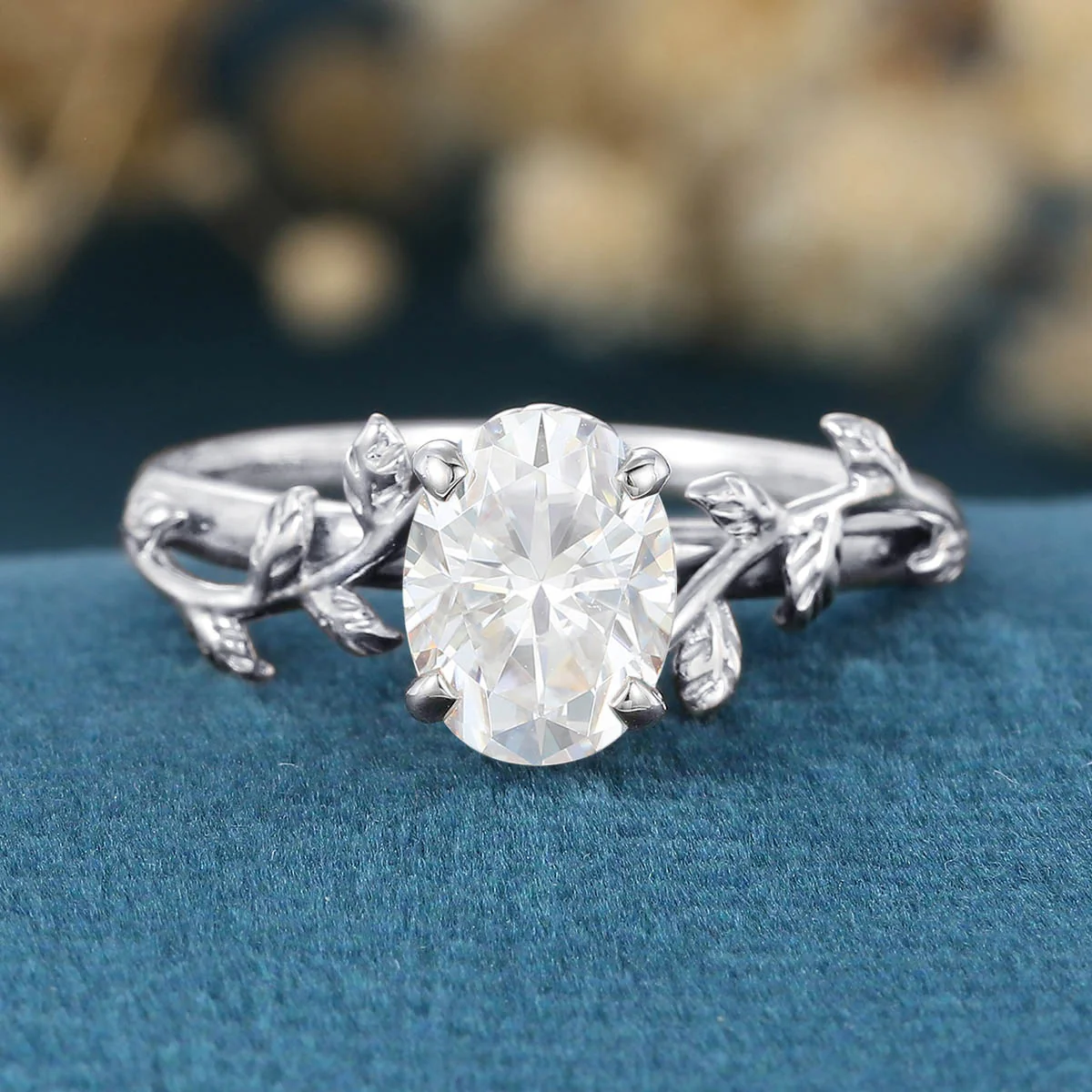 Nature Inspired Oval cut Moissanite Leaf Gold Engagement Ring - Image 8