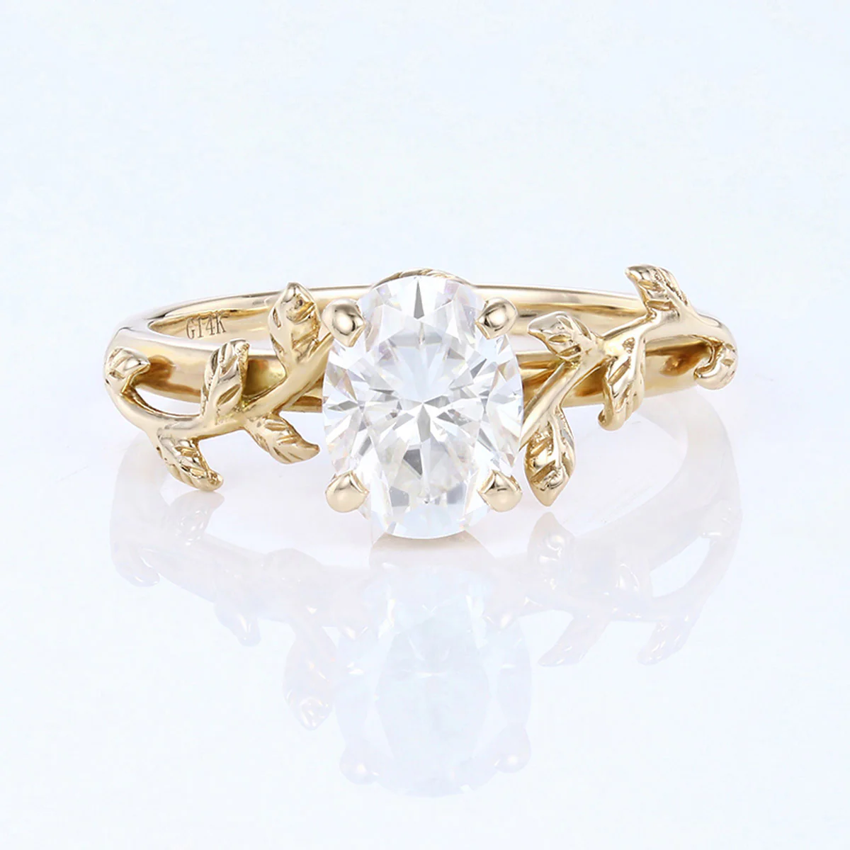Nature Inspired Oval cut Moissanite Leaf Gold Engagement Ring - Image 9