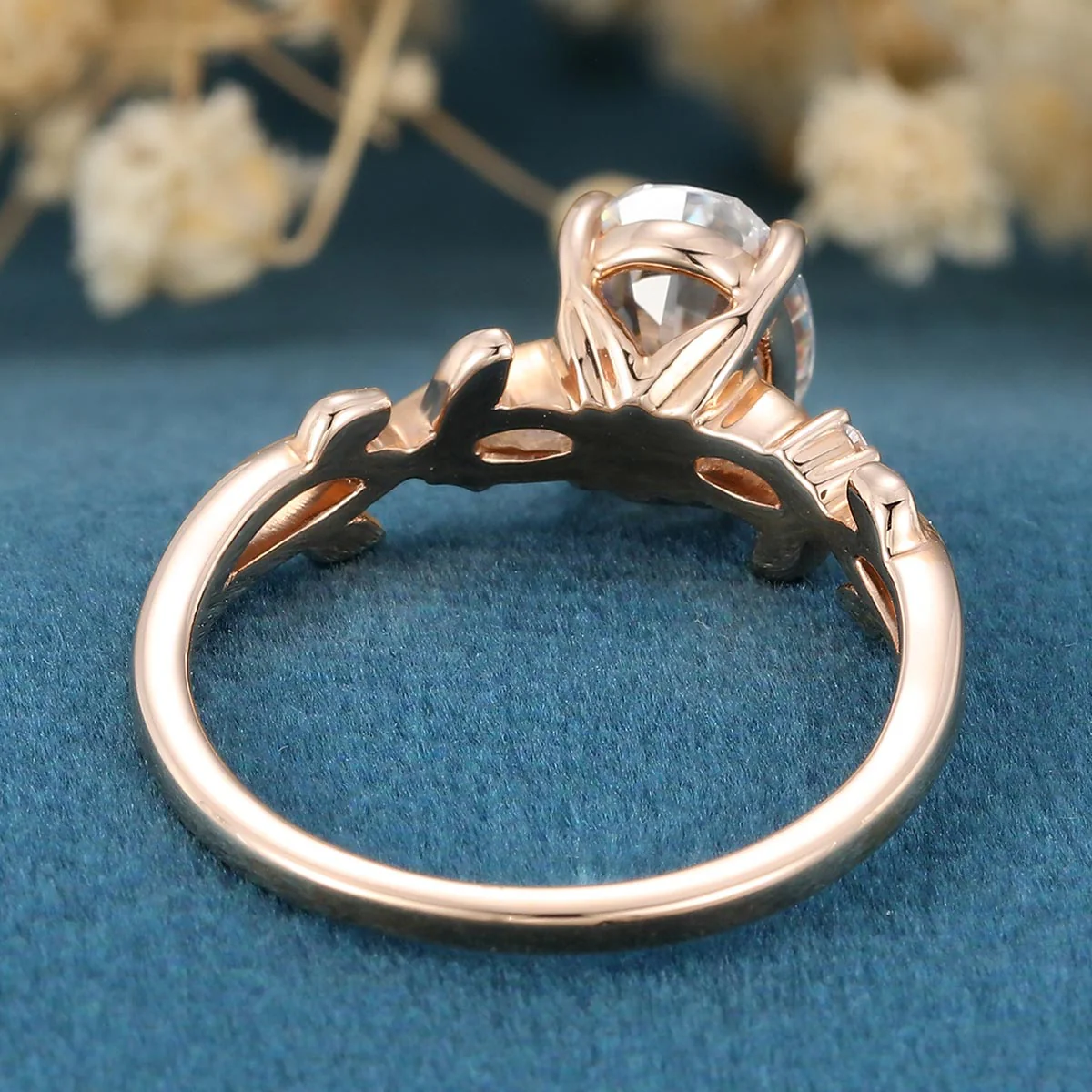 Nature Inspired Oval cut Moissanite Leaf Gold Engagement Ring - Image 4