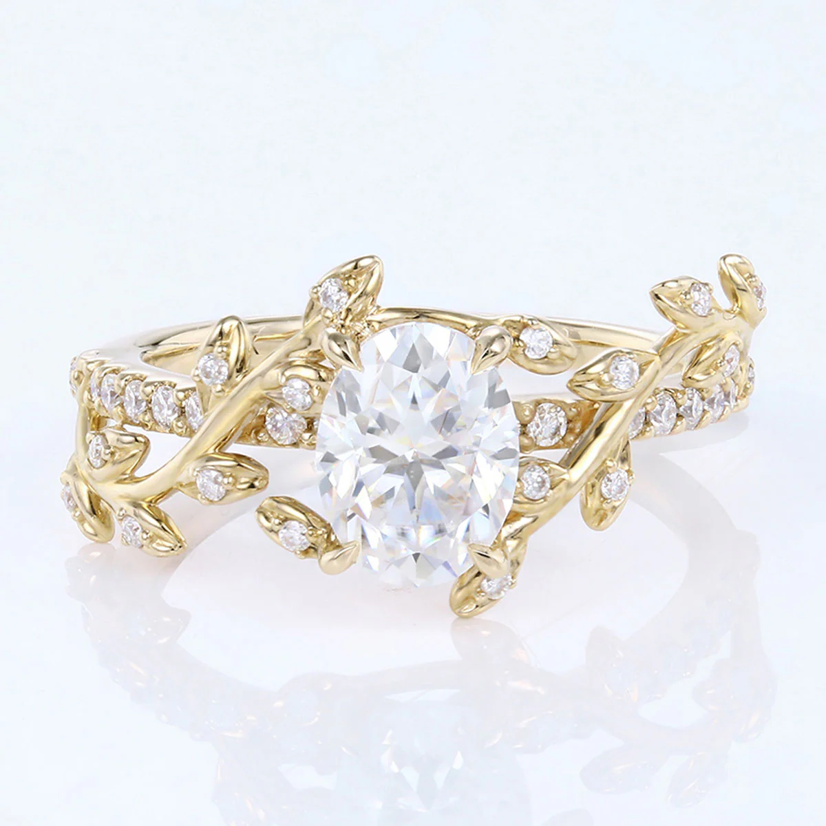Nature Inspired Oval cut Moissanite Leaf Gold Engagement Ring - Image 10
