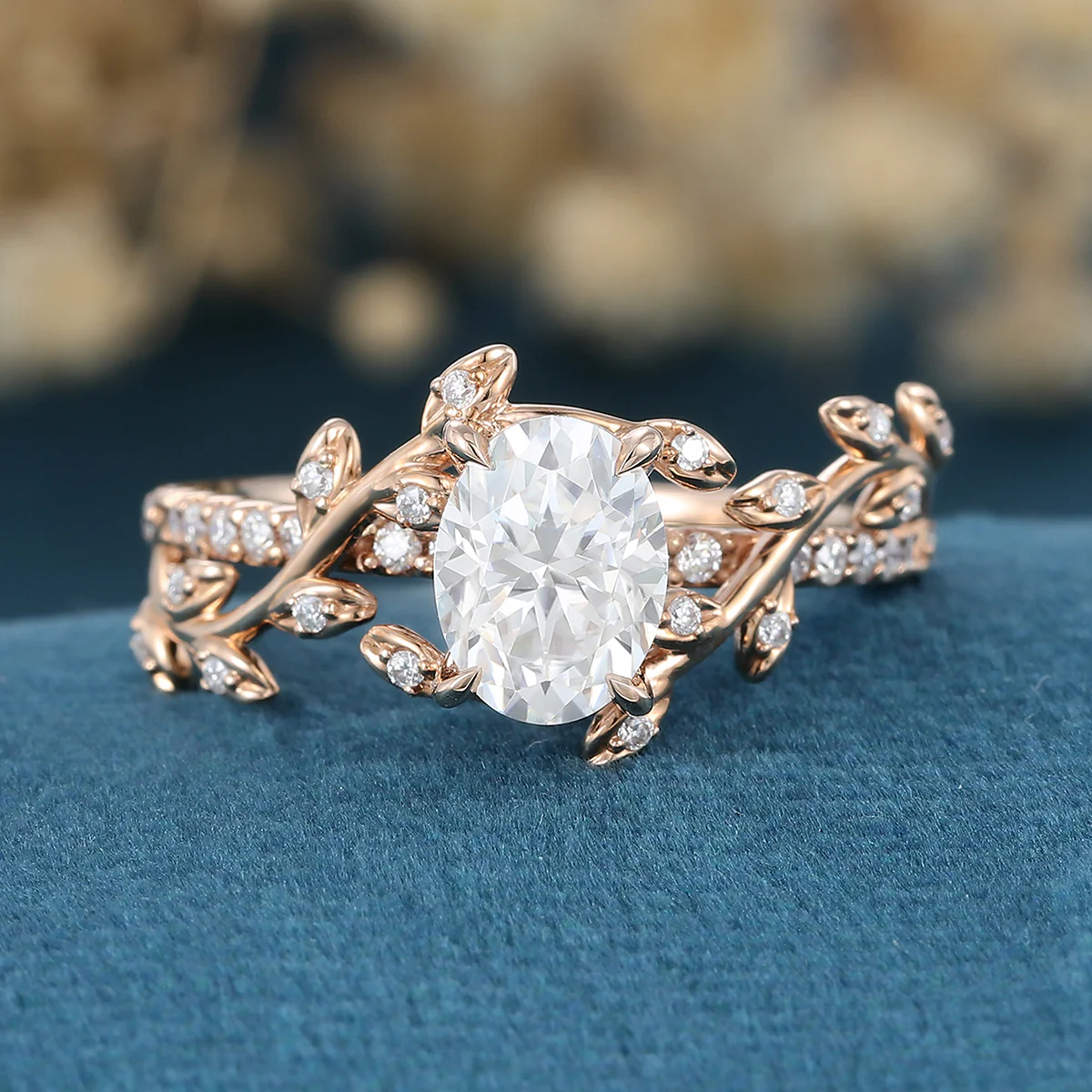 Nature Inspired Oval cut Moissanite Leaf Gold Engagement Ring - Image 3