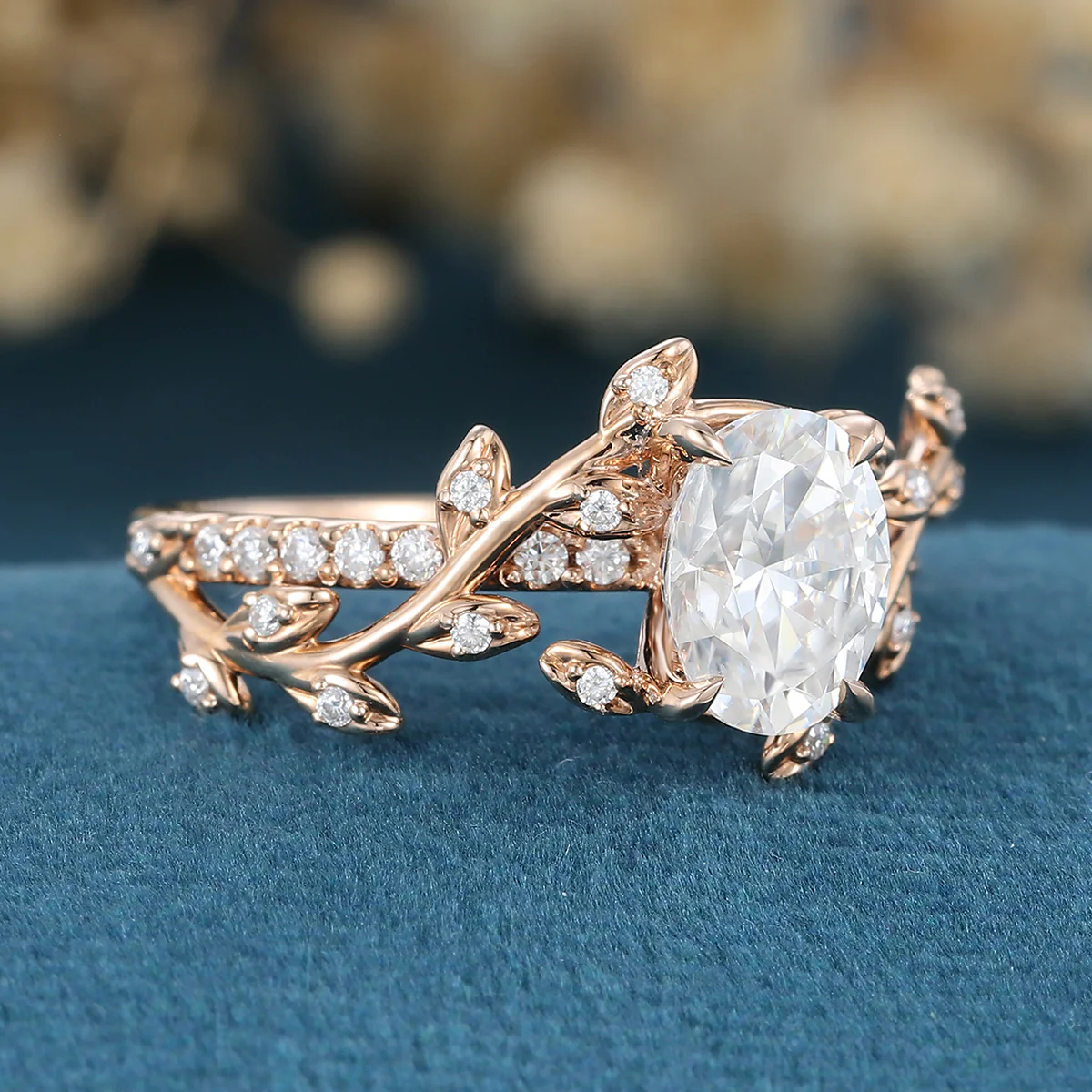 Nature Inspired Oval cut Moissanite Leaf Gold Engagement Ring - Image 4