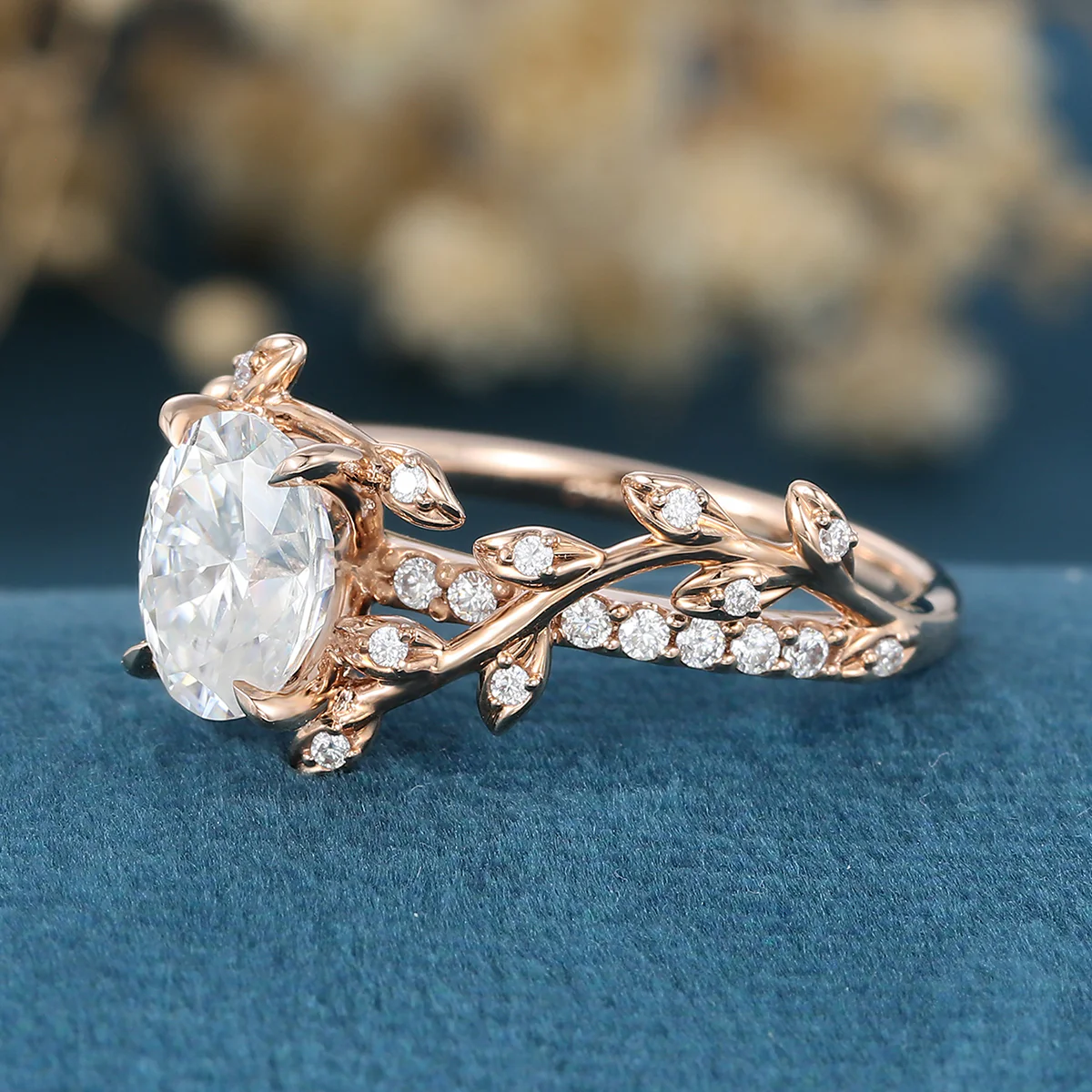 Nature Inspired Oval cut Moissanite Leaf Gold Engagement Ring - Image 5