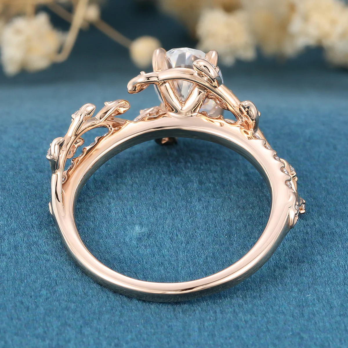 Nature Inspired Oval cut Moissanite Leaf Gold Engagement Ring - Image 6