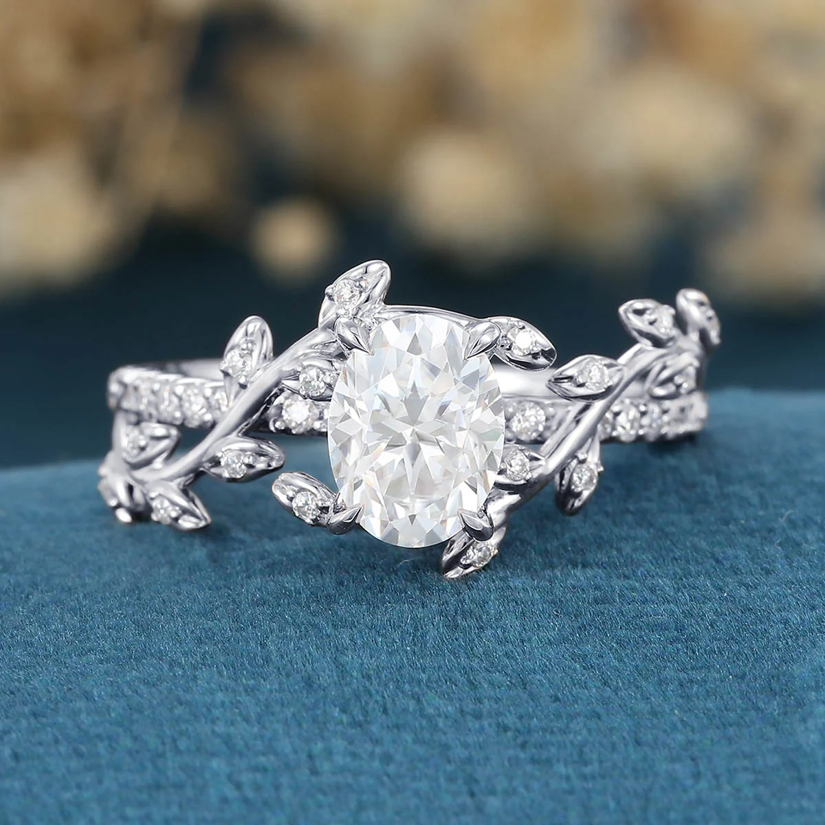 Nature Inspired Oval cut Moissanite Leaf Gold Engagement Ring - Image 7