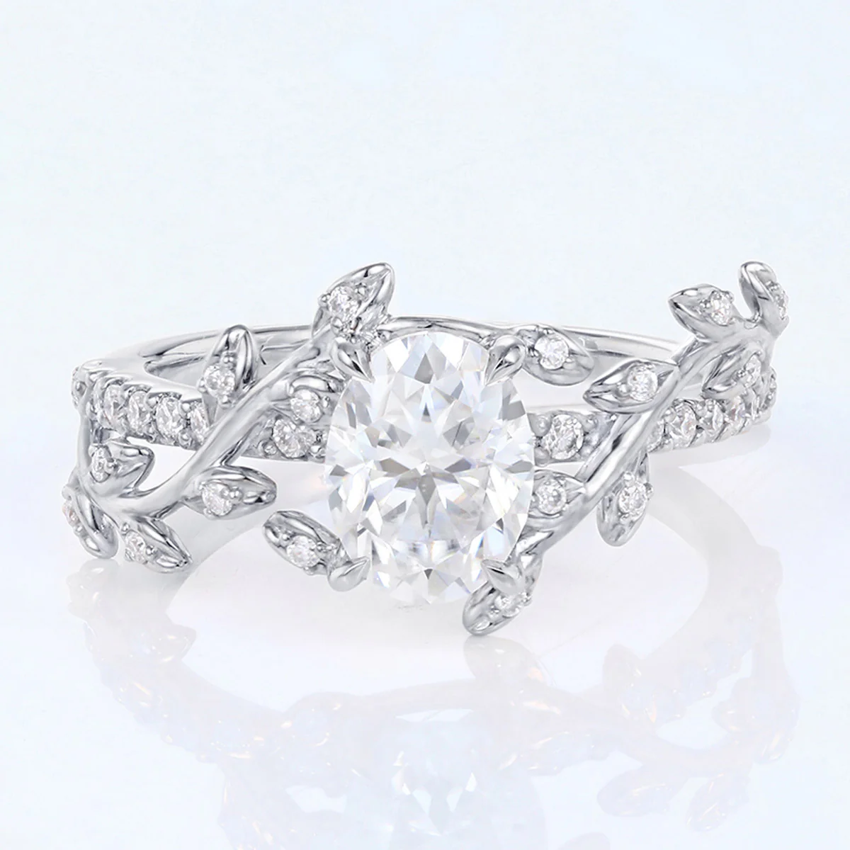 Nature Inspired Oval cut Moissanite Leaf Gold Engagement Ring - Image 8