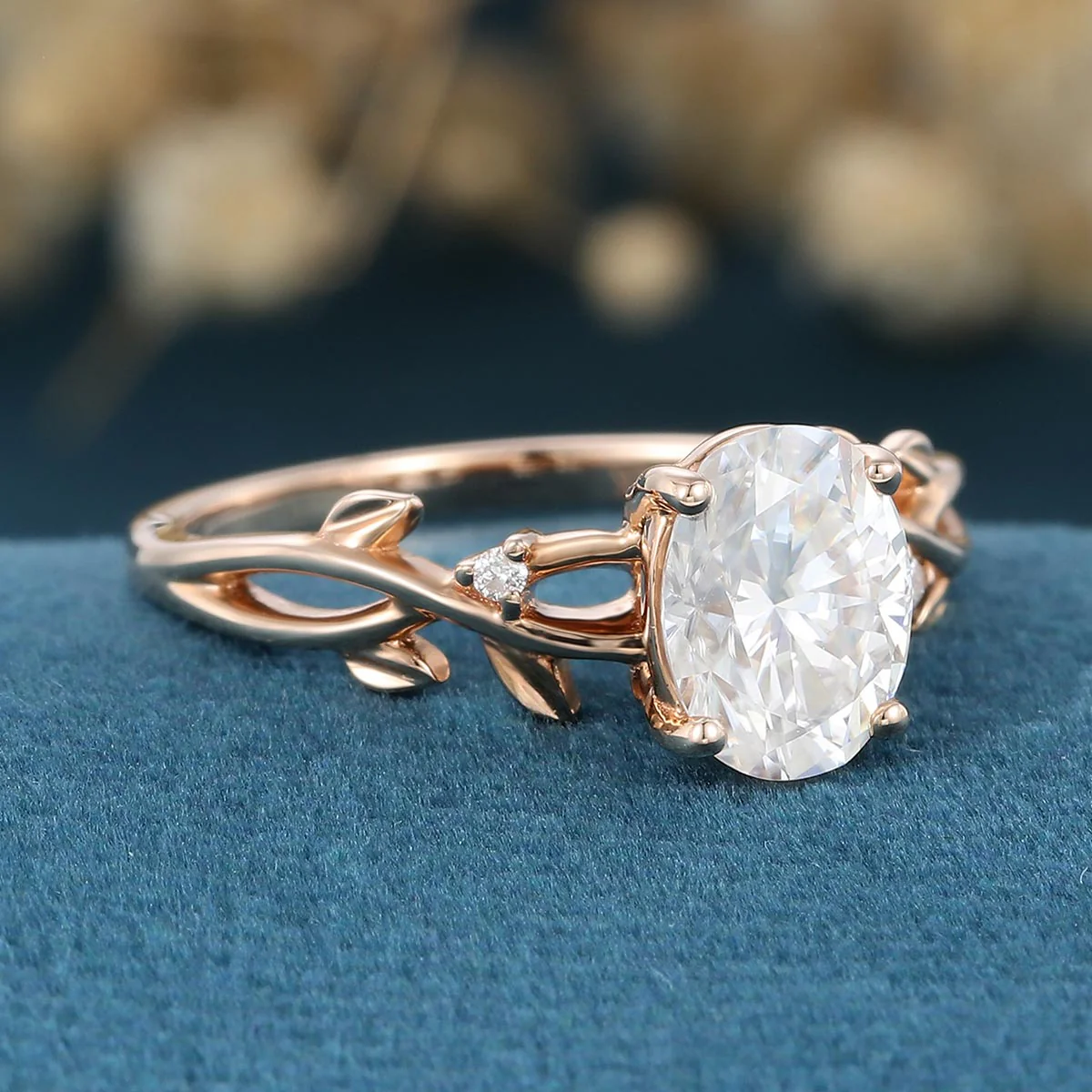 Nature Inspired Oval cut Moissanite Leaf Gold Engagement Ring - Image 5