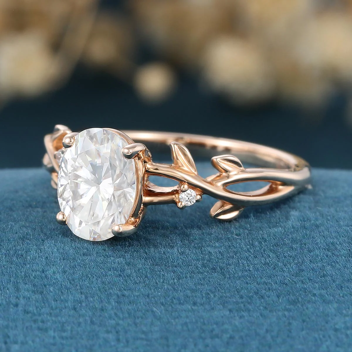 Nature Inspired Oval cut Moissanite Leaf Gold Engagement Ring - Image 6