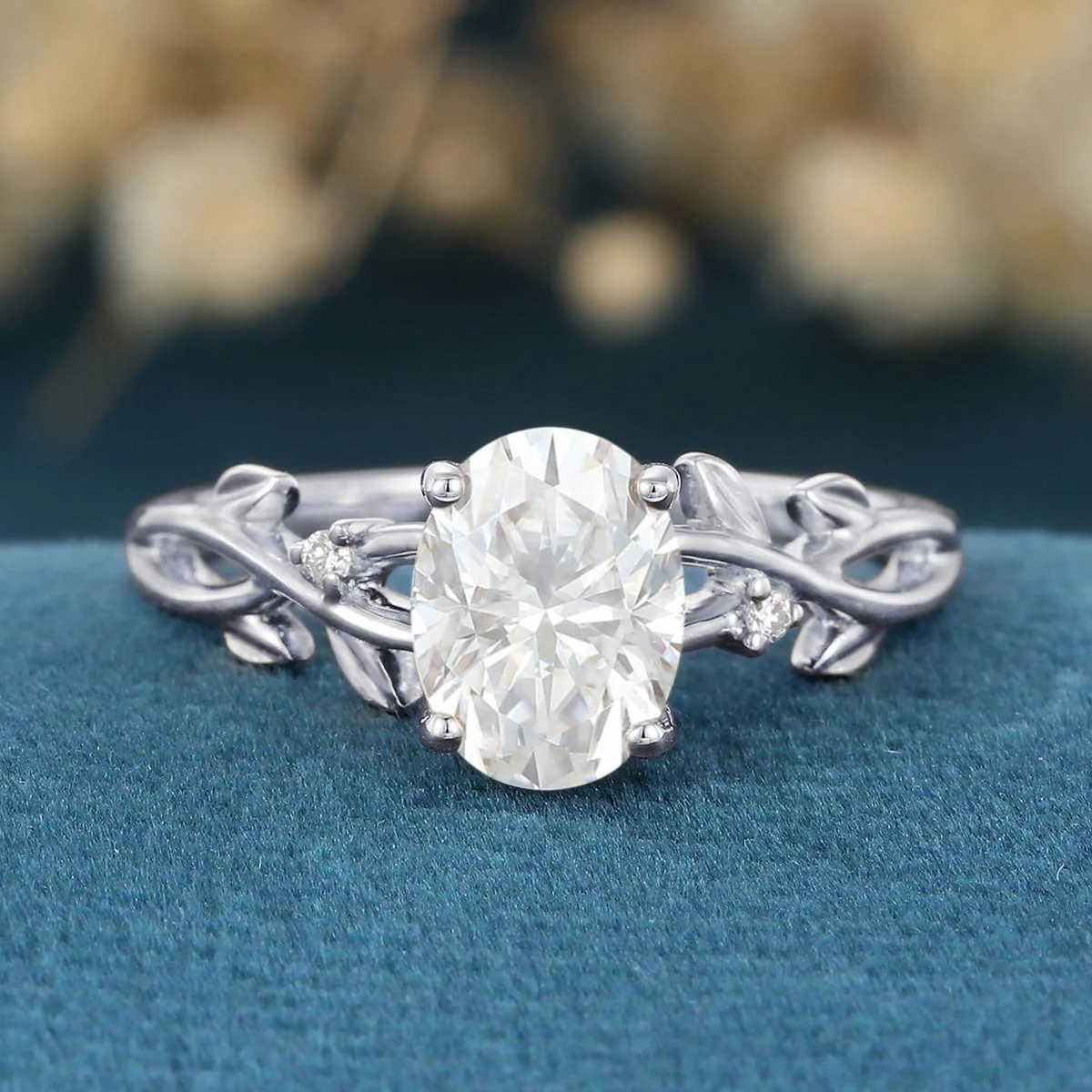 Nature Inspired Oval cut Moissanite Leaf Gold Engagement Ring - Image 8
