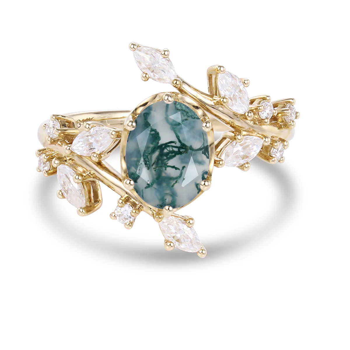 Nature Inspired Oval cut Moss Agate Leaf Gold Engagement Ring - Image 10