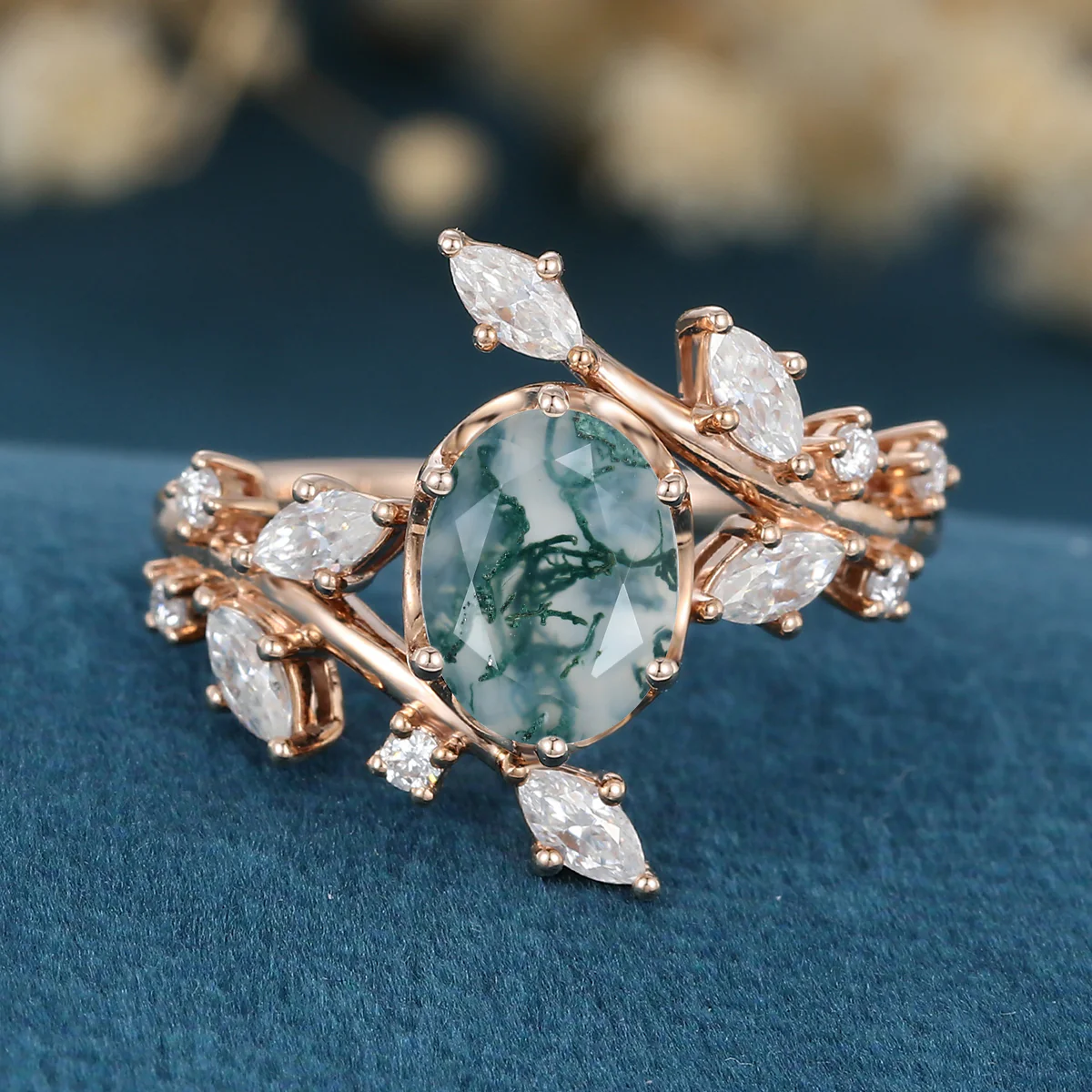 Nature Inspired Oval cut Moss Agate Leaf Gold Engagement Ring - Image 3