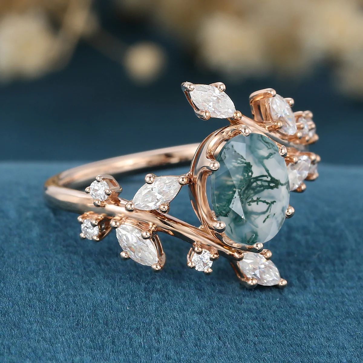 Nature Inspired Oval cut Moss Agate Leaf Gold Engagement Ring - Image 4