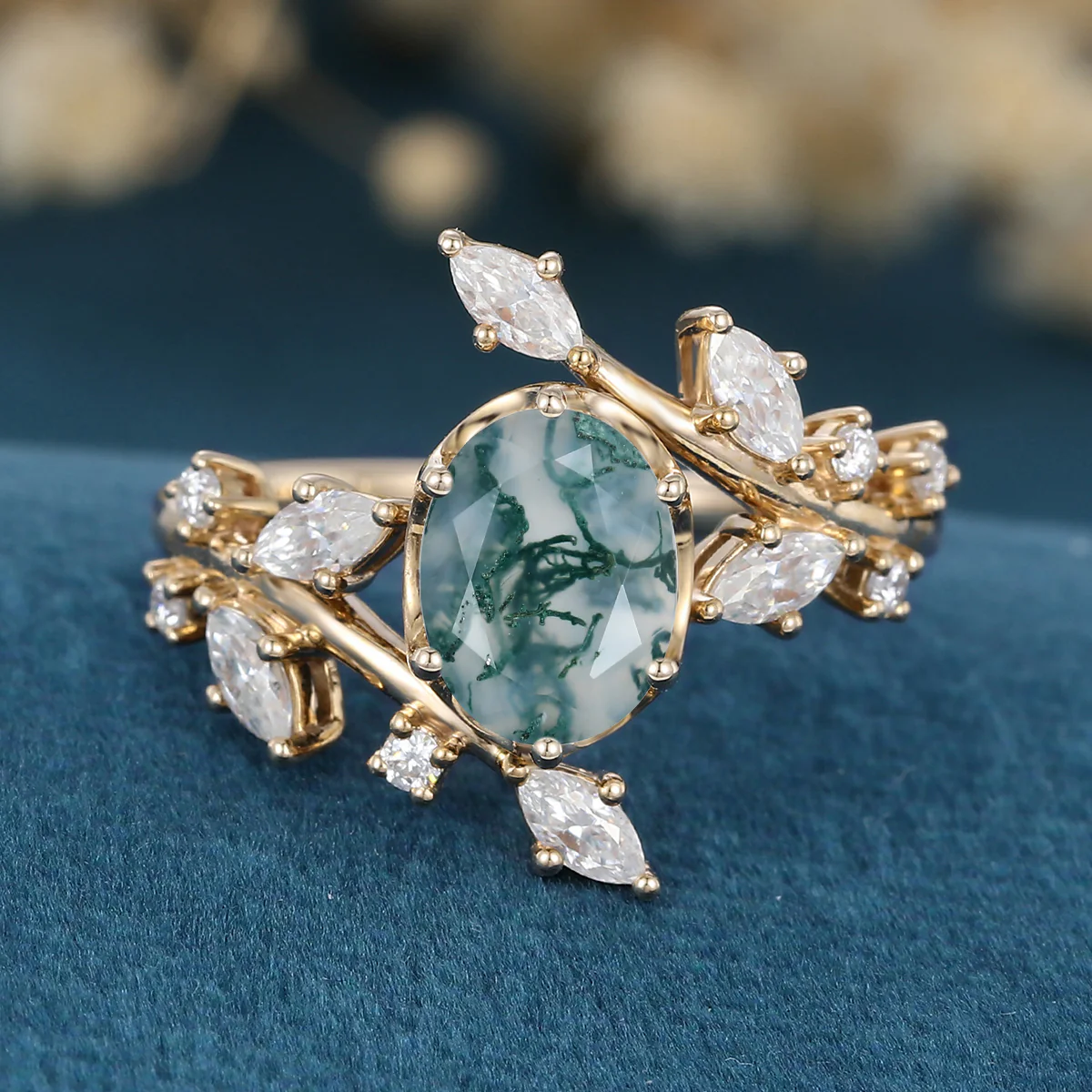 Nature Inspired Oval cut Moss Agate Leaf Gold Engagement Ring - Image 9