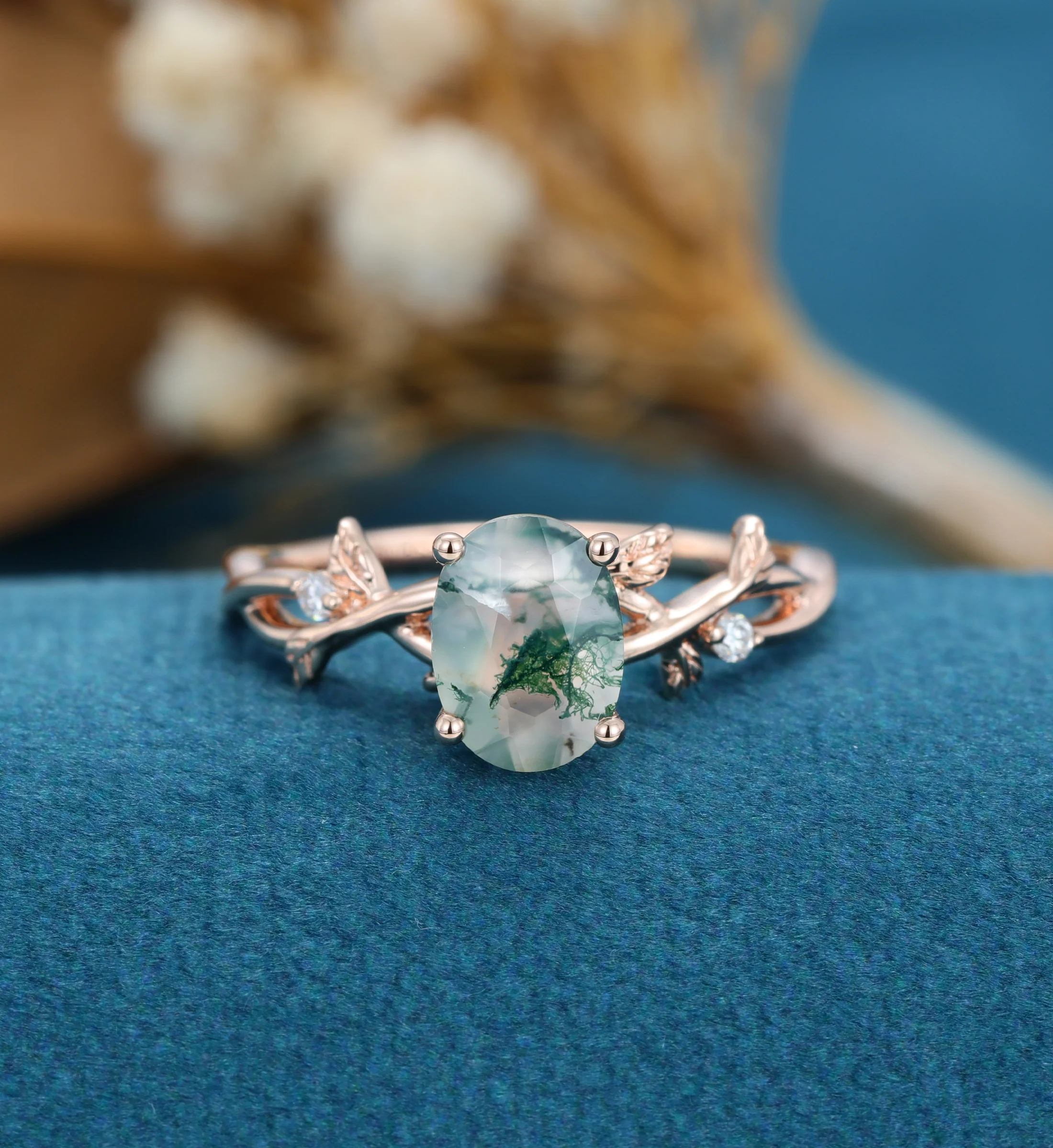 Nature Inspired Oval cut Moss Agate Leaf Gold Engagement Ring - Image 3