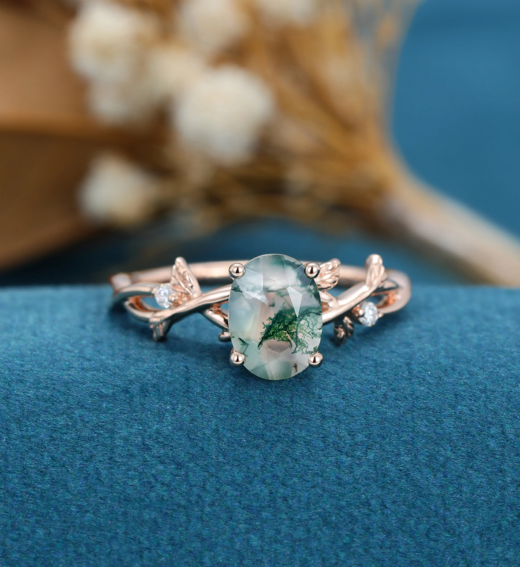 Nature Inspired Oval cut Moss Agate Leaf Gold Engagement Ring - Image 4
