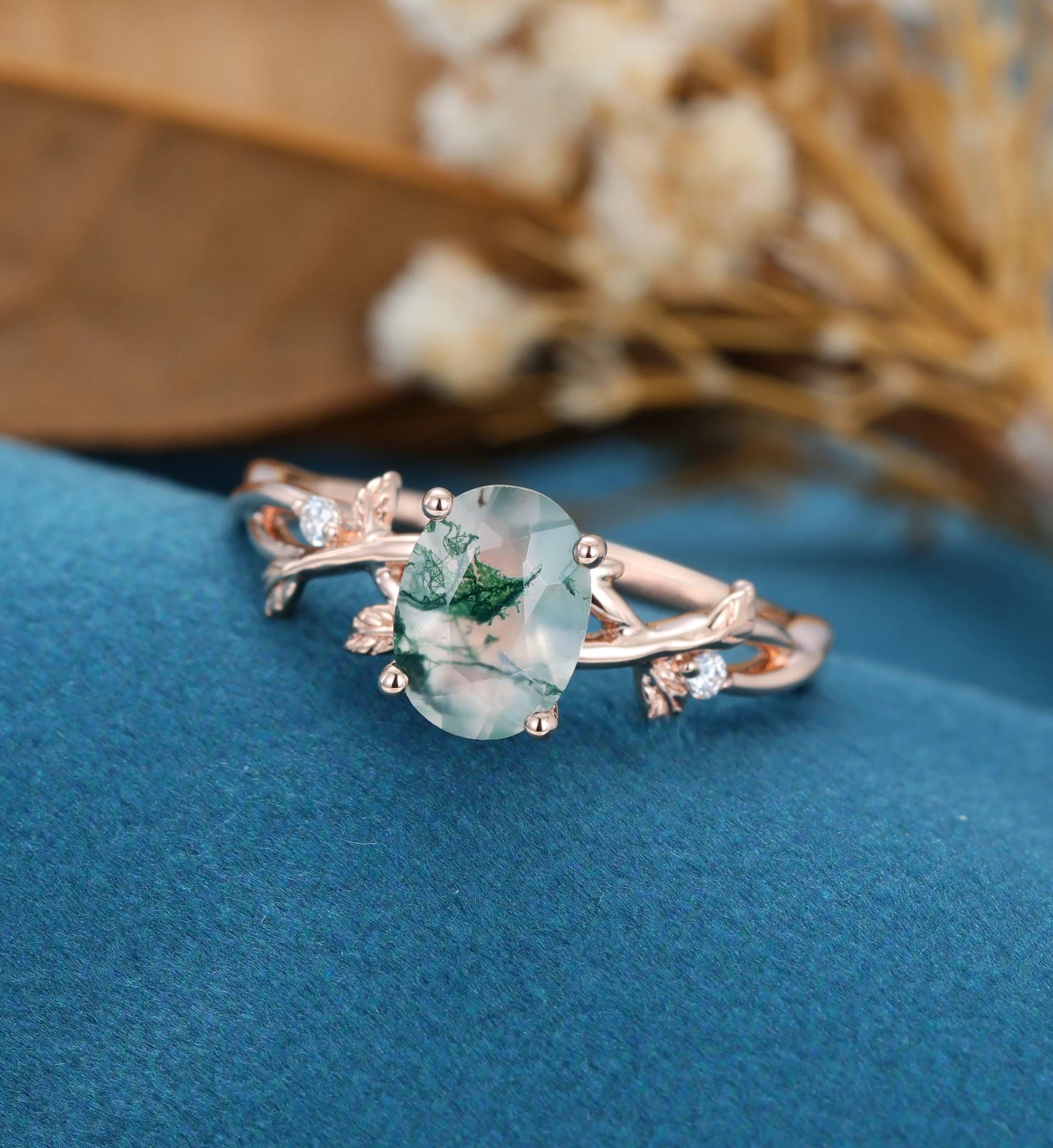 Nature Inspired Oval cut Moss Agate Leaf Gold Engagement Ring - Image 5