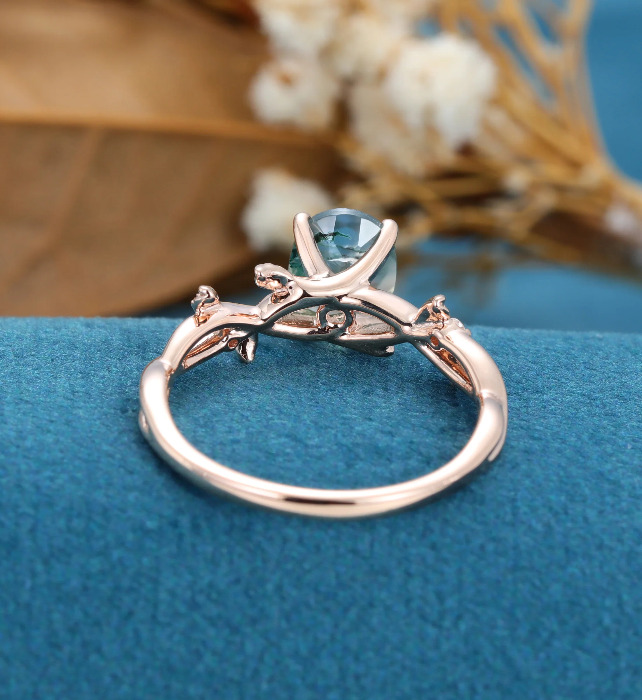 Nature Inspired Oval cut Moss Agate Leaf Gold Engagement Ring - Image 7