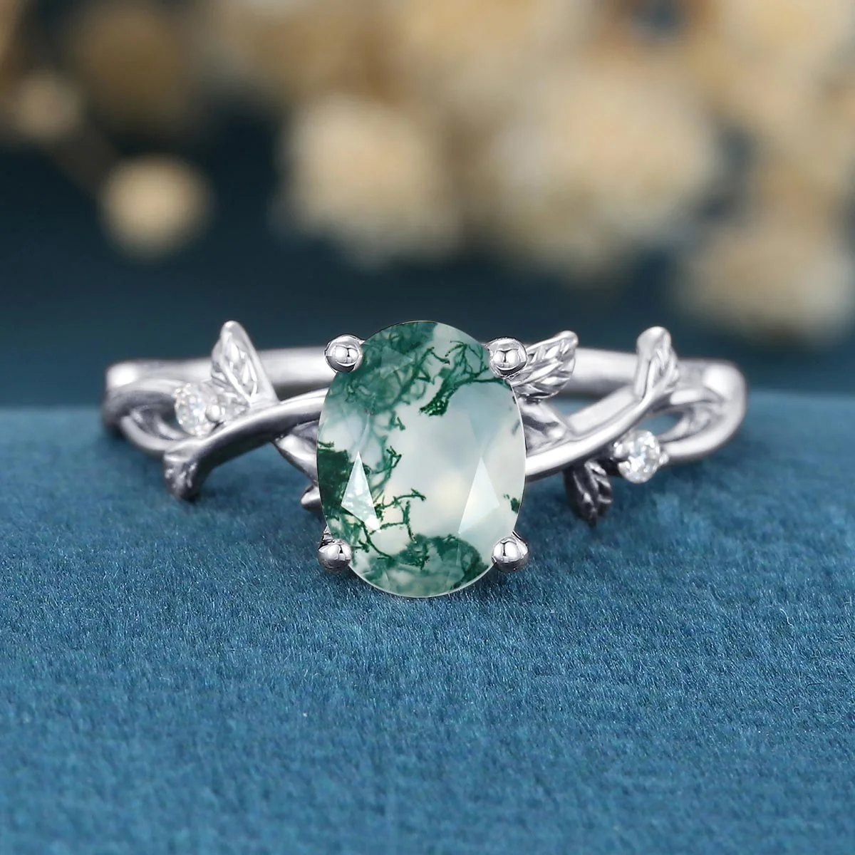 Nature Inspired Oval cut Moss Agate Leaf Gold Engagement Ring - Image 8