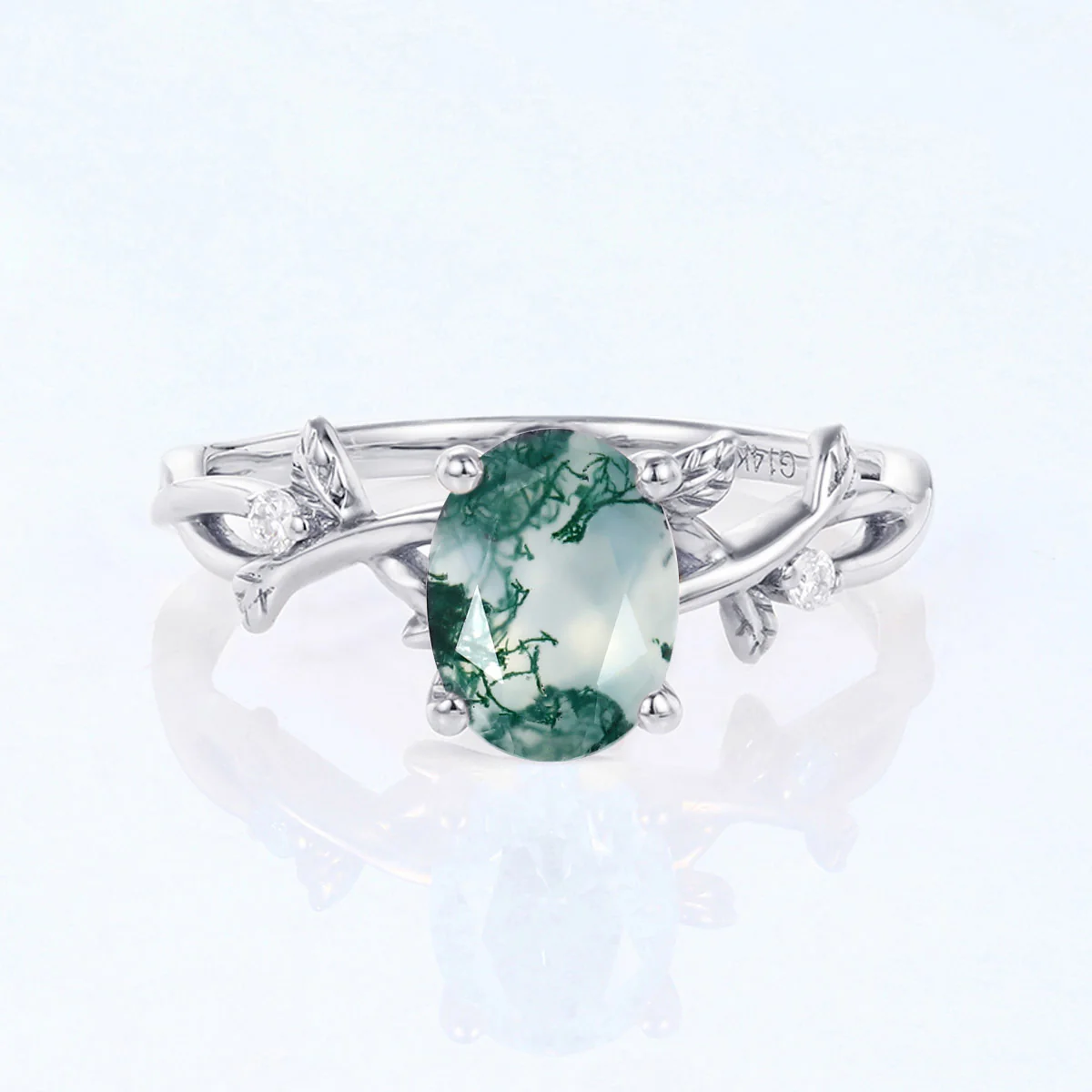 Nature Inspired Oval cut Moss Agate Leaf Gold Engagement Ring - Image 9