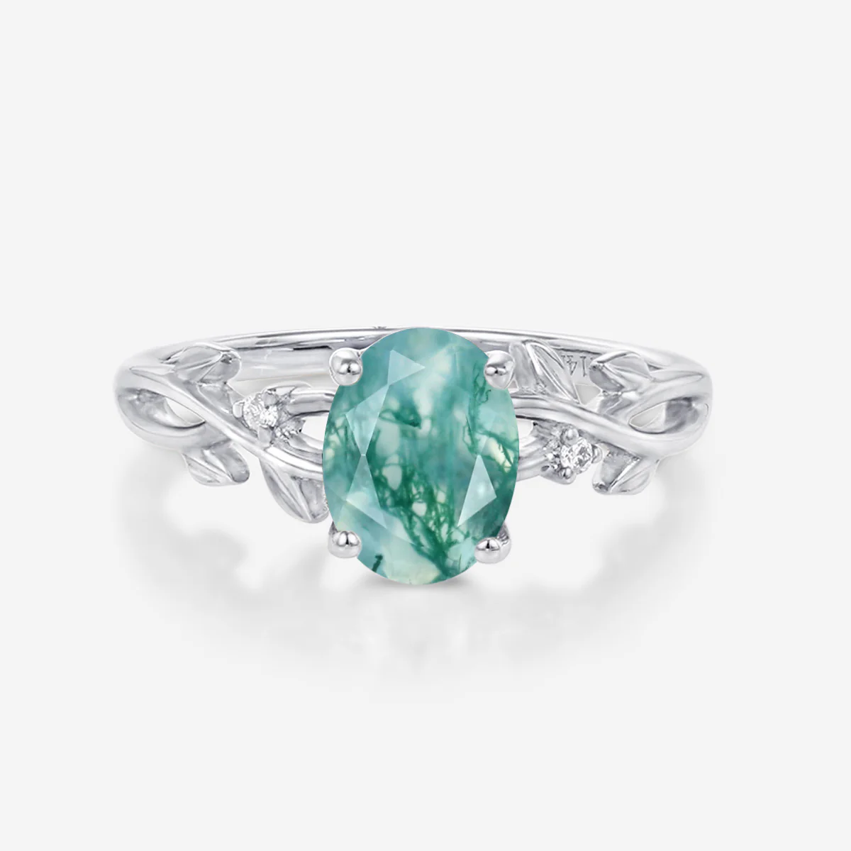 Nature Inspired Oval cut Moss Agate Leaf Gold Engagement Ring - Image 6