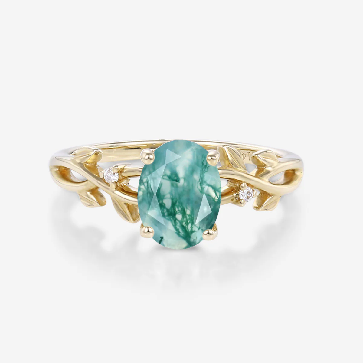 Nature Inspired Oval cut Moss Agate Leaf Gold Engagement Ring - Image 8