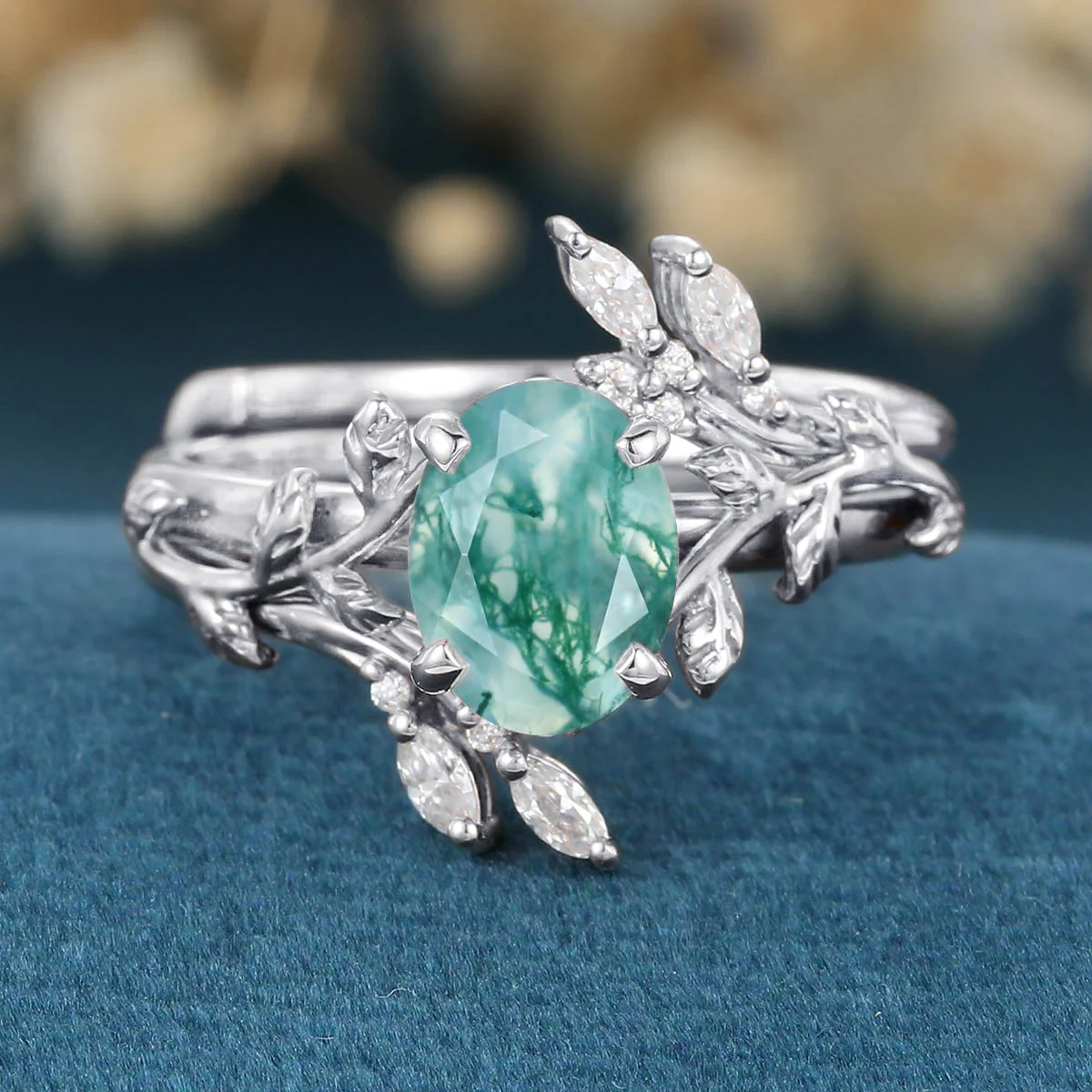 Nature Inspired Oval cut Moss Agate Leaf Gold ring set - Image 8