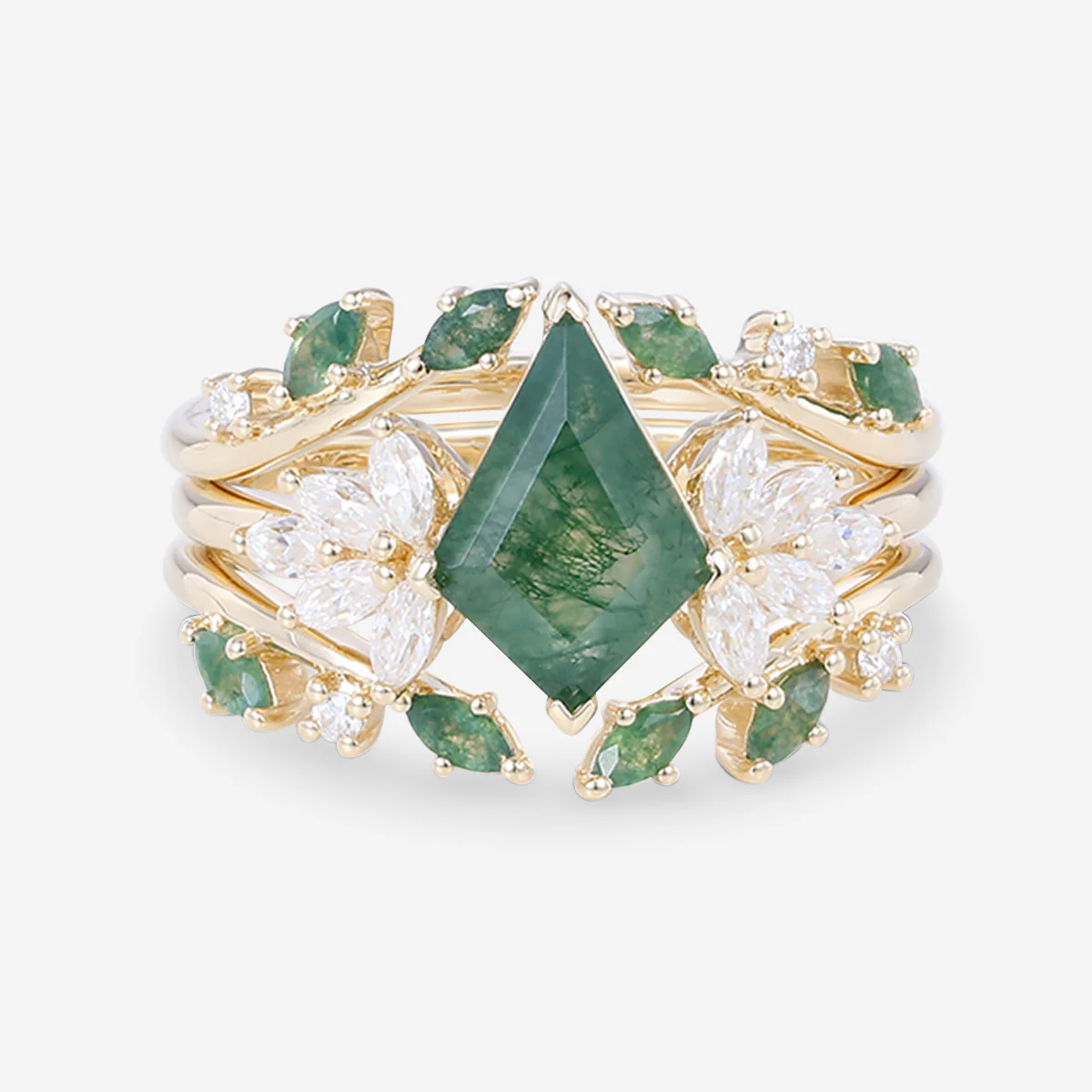 Nature Inspired Kite cut Moss Agate Leaf Gold Ring set