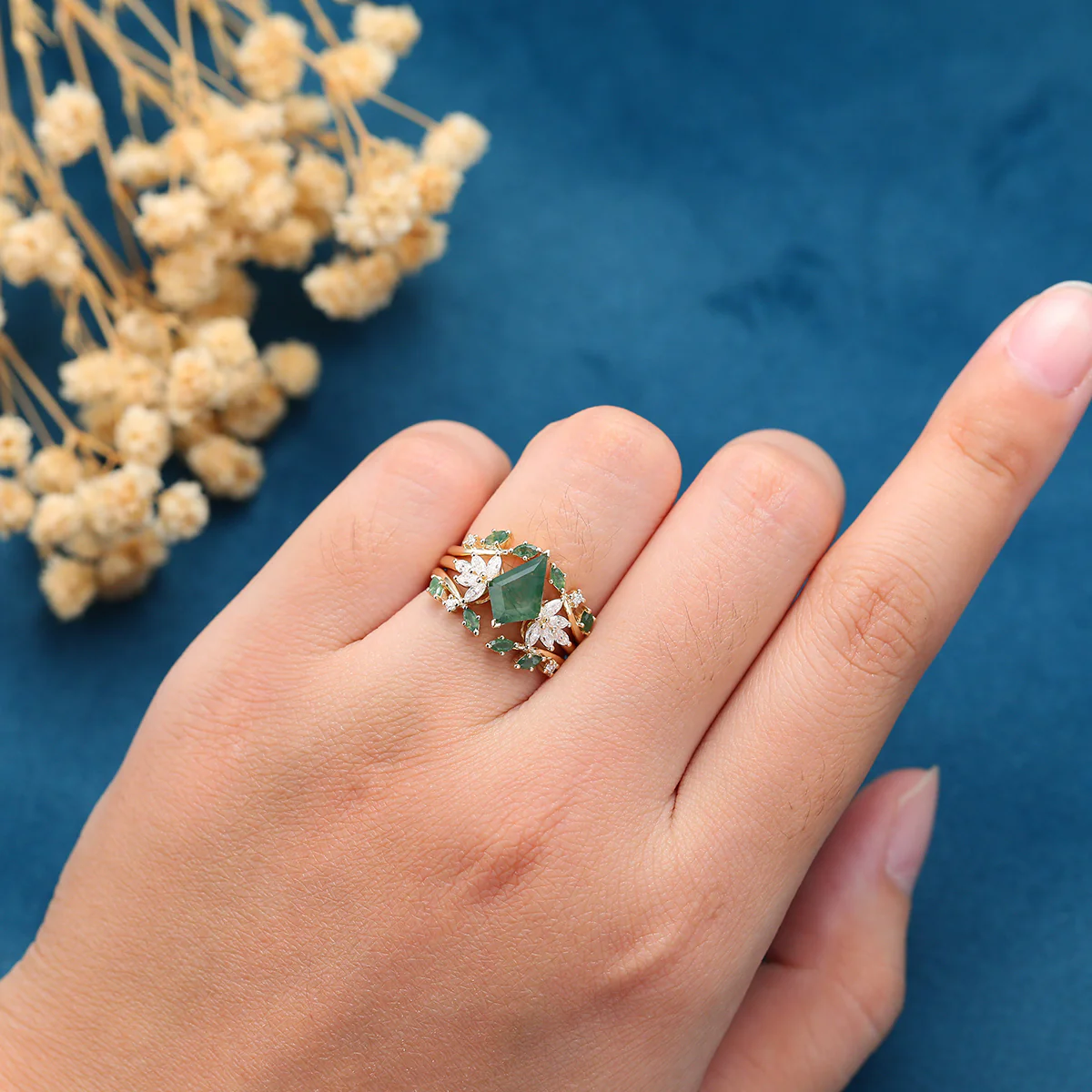 Nature Inspired Kite cut Moss Agate Leaf Gold Ring set - Image 2