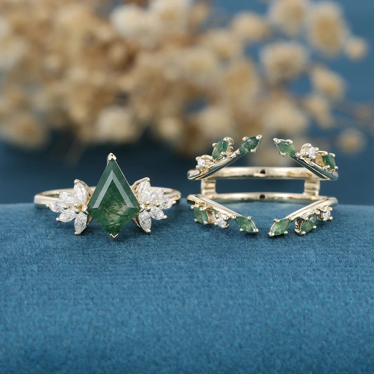 Nature Inspired Kite cut Moss Agate Leaf Gold Ring set - Image 3