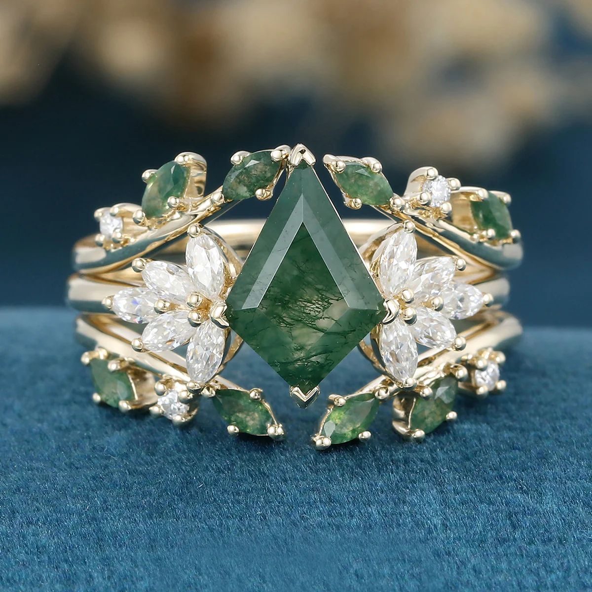 Nature Inspired Kite cut Moss Agate Leaf Gold Ring set - Image 4