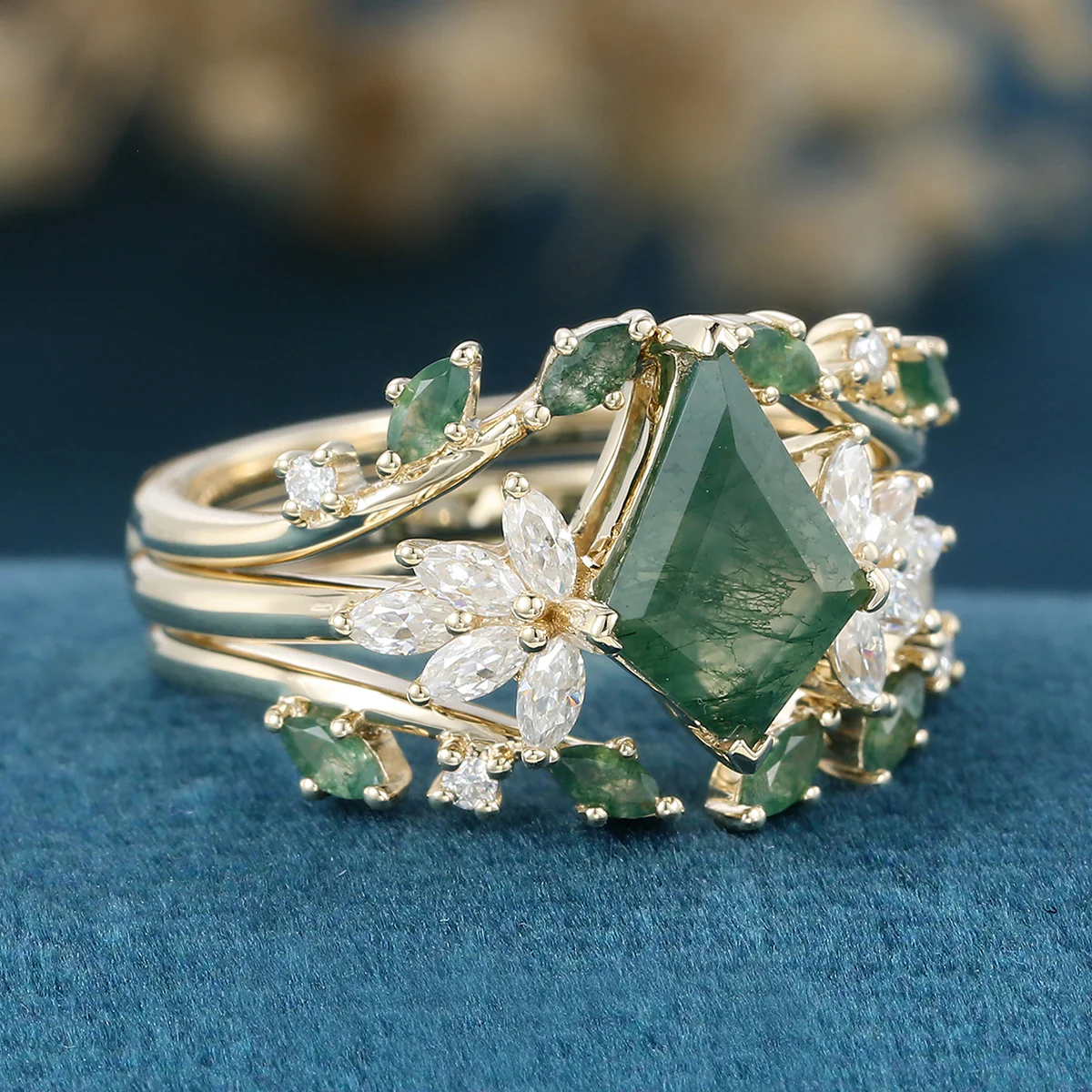 Nature Inspired Kite cut Moss Agate Leaf Gold Ring set - Image 5