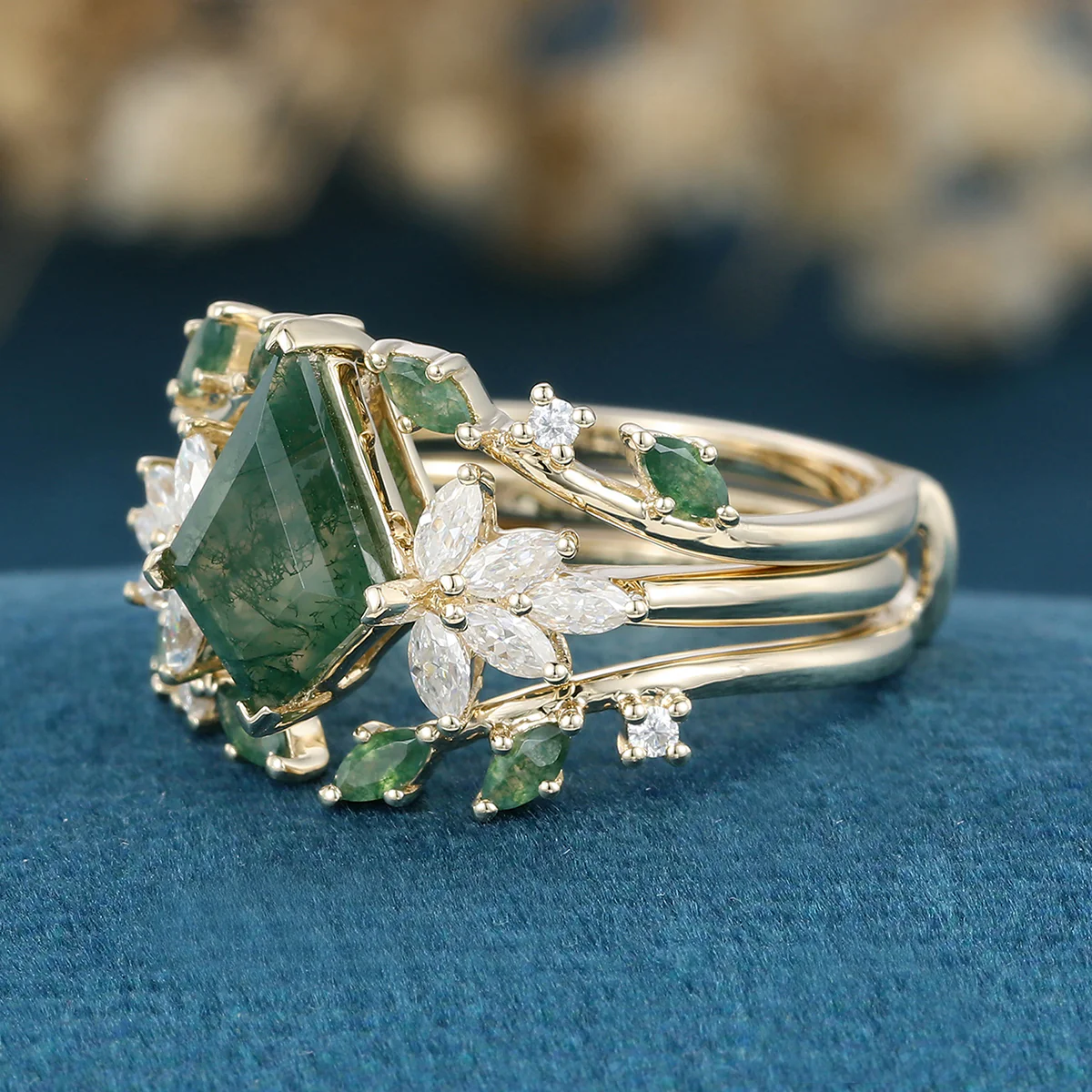 Nature Inspired Kite cut Moss Agate Leaf Gold Ring set - Image 6